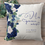 Quinceanera Blue Rose Personalised Mis Quince Anos Cushion<br><div class="desc">Quinceañera pillow is a beautiful keepsake gift to celebrate the 15th Birthday of a special young woman. This elegant Quinceanera pillow has dark blue and creamy white toned vintage rose flowers on a white background with a splash of gold confetti dots. Mis Quince Anos is lettered in calligraphy with love...</div>