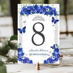 Quinceañera Blue Roses Floral Silver Butterflies Table Number