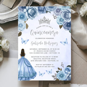 Quinceañera Blue Silver Floral Watercolor Invitation