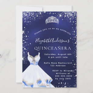 Quinceanera blue silver glitter dress tiara invitation