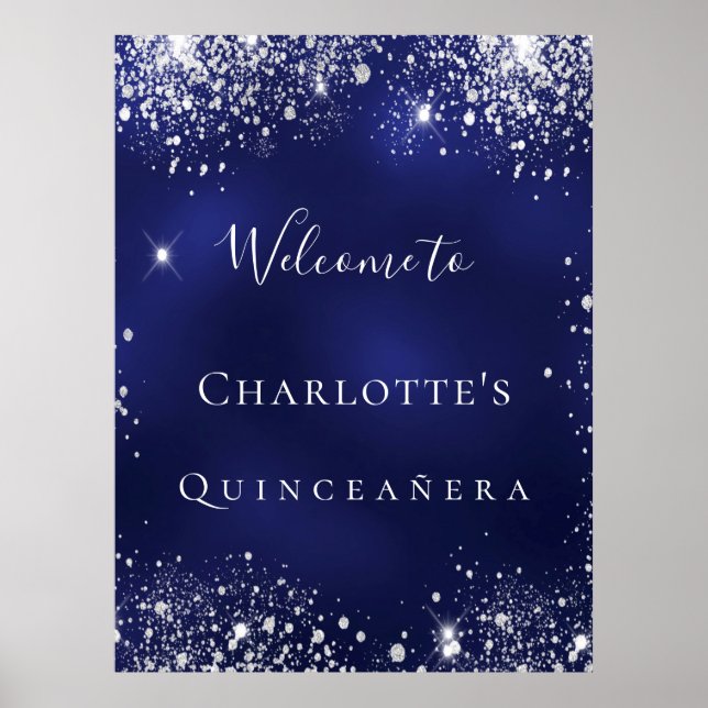 Quinceanera blue silver glitter dust welcome poster (Front)