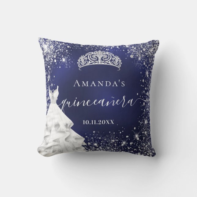 Quinceanera blue silver glitter tiara dress name cushion (Front)