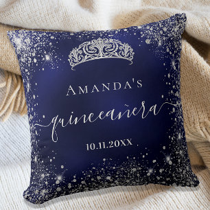 Quinceanera blue silver glitter tiara name script cushion