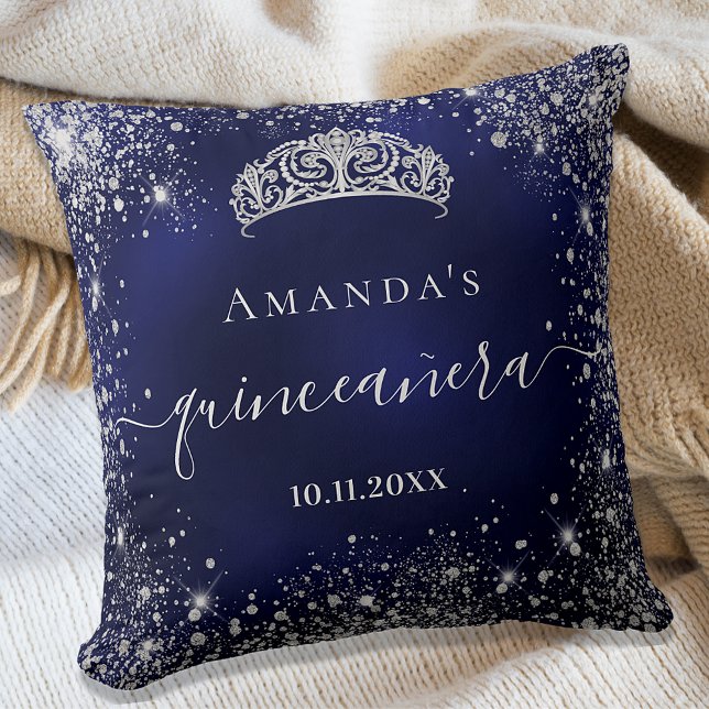 Quinceanera blue silver glitter tiara name script cushion (Creator Uploaded)