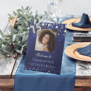 Quinceanera blue silver stars photo party welcome pedestal sign
