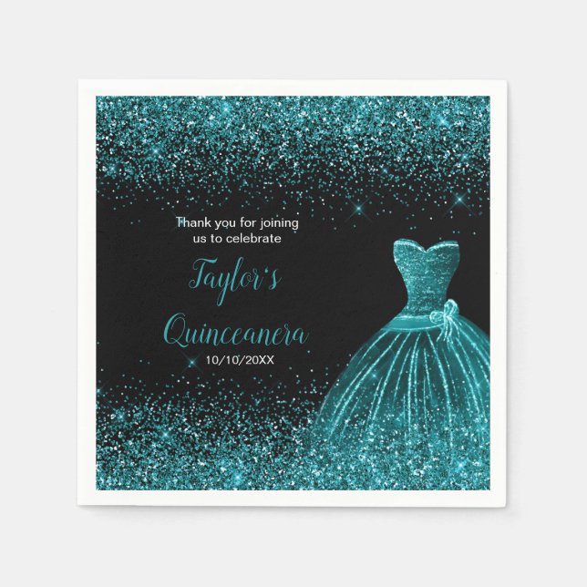 Quinceanera Blue Teal Faux Glitter Napkin (Front)