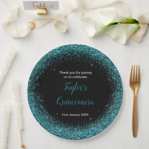 Quinceanera Blue Teal Faux Glitter Paper Plate