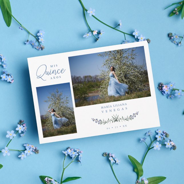 Quinceañera Blue Trendy Branches Español 2 Photos Invitation (Creator Uploaded)