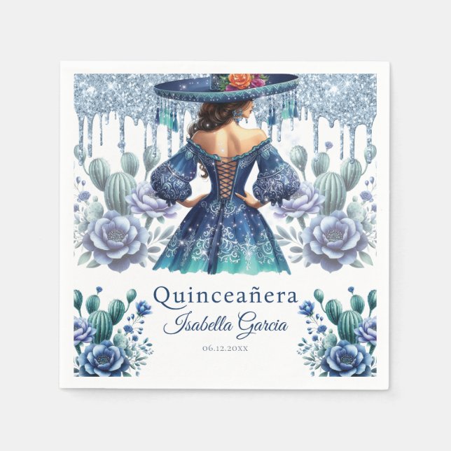 Quinceañera Blue Watercolor Mexican Girl Napkin (Front)