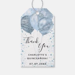 Quinceanera blue white glitter balloons thank you gift tags