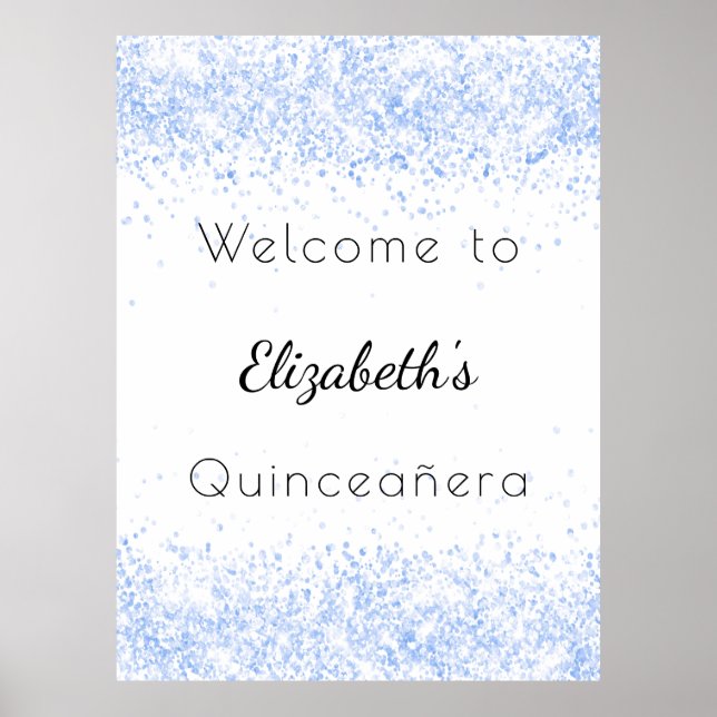Quinceanera blue white glitter welcome poster (Front)