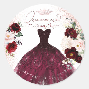 Quinceanera Blush Burgundy Watercolor Flowers Clas Classic Round Sticker