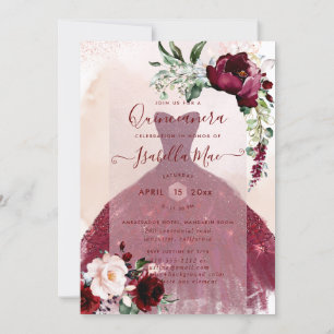 Quinceanera Blush Burgundy Watercolor Flowers Invitation