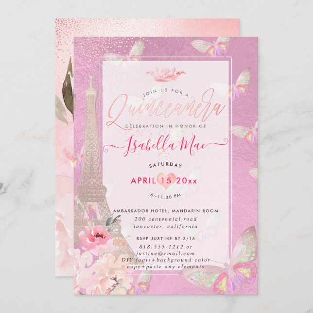 Quinceanera Blush Eiffel Tower, Butterflies Invitation (Front/Back)