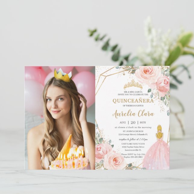 Quinceañera Blush Floral Blonde Birthday Photo Invitation (Standing Front)