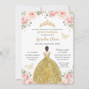 Quinceañera Blush Floral Butterflies Gold Princess Invitation