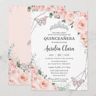 Quinceañera Blush Floral Butterflies Silver Crown Invitation