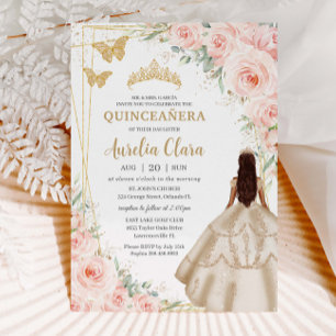 Quinceanera Blush Floral Champagne Dress Gown Invitation