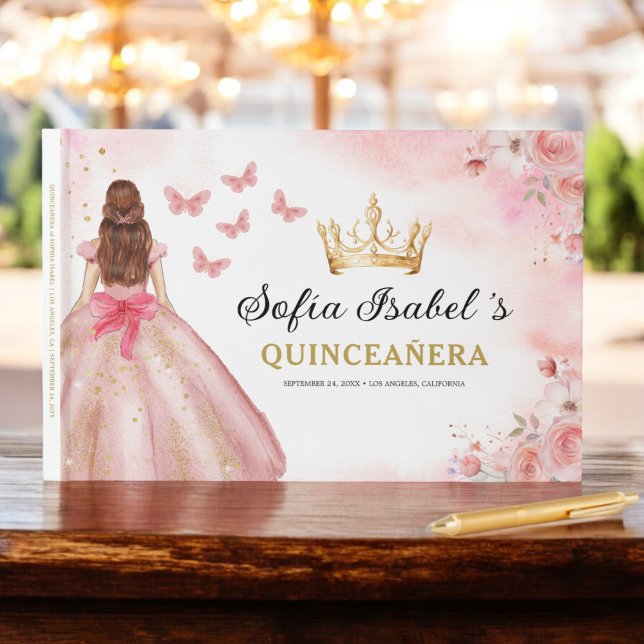 Quinceañera Blush Floral Princess Butterflies Gold Guest Book (Creator Uploaded)