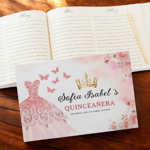 Quinceañera Blush Floral Princess Butterflies Gold Guest Book