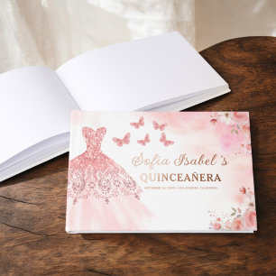 Quinceañera Blush Floral Princess Butterflies Gold Guest Book