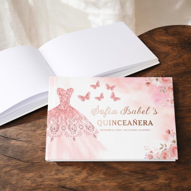Quinceañera Blush Floral Princess Butterflies Gold Guest Book (Creator Uploaded)