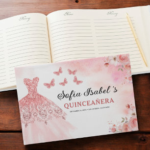 Quinceañera Blush Floral Princess Butterflies Gold Guest Book