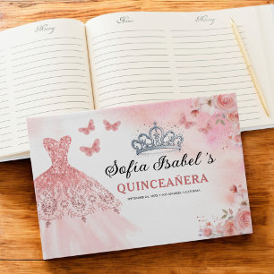 Quinceañera Blush Floral Princess Butterflies Gold Guest Book