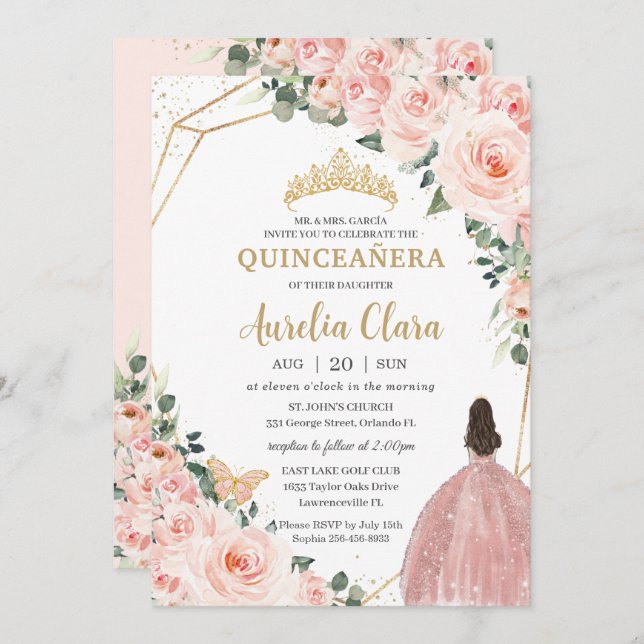 Quinceañera Blush Floral Princess Gold Crown Invitation (Front/Back)