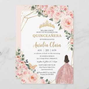 Quinceañera Blush Floral Princess Gold Crown Invitation