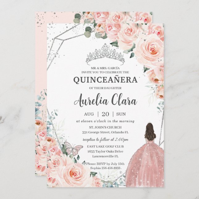 Quinceañera Blush Floral Princess Silver Crown Invitation (Front/Back)