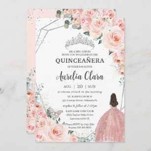 Quinceañera Blush Floral Princess Silver Crown Invitation