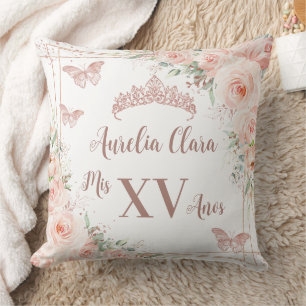 Quinceañera Blush Floral Rose Gold Butterflies Cushion