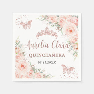 Quinceanera Blush Floral Rose Gold Butterflies Napkin