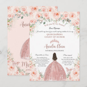Quinceañera Blush Floral Rose Gold Dama Proposal Invitation