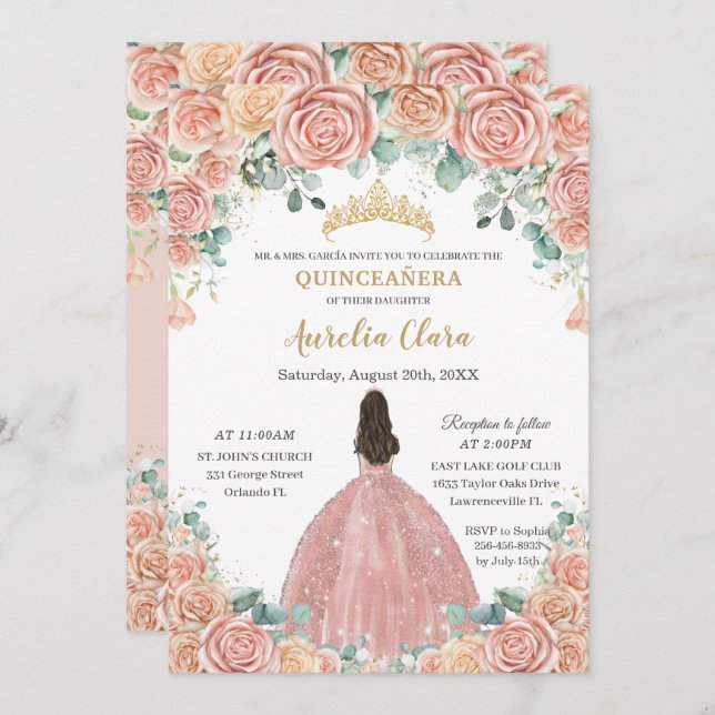 Quinceañera Blush Floral Rose Gold Dress Princess Invitation (Front/Back)