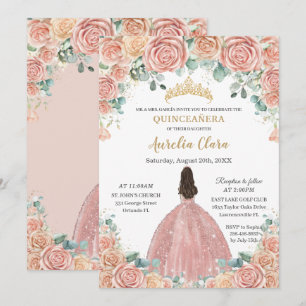 Quinceañera Blush Floral Rose Gold Dress Princess Invitation