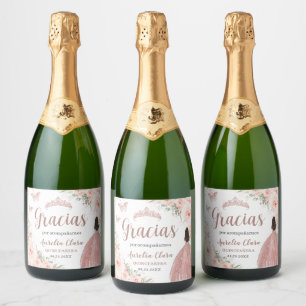 Quinceañera Blush Floral Rose Gold Dress Princess Sparkling Wine Label