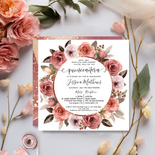 Quinceanera Blush Floral Rose Gold Floral Invitation