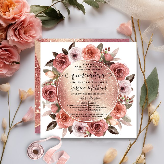 Quinceanera Blush Floral Rose Gold Glitter Invitation (Creator Uploaded)