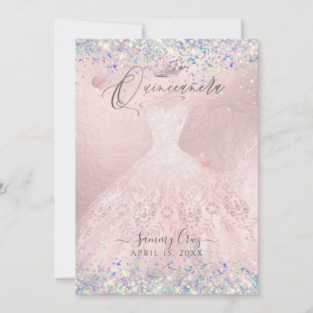 Quinceanera Blush Gown Holographic Glitter  Invita Invitation (Front)