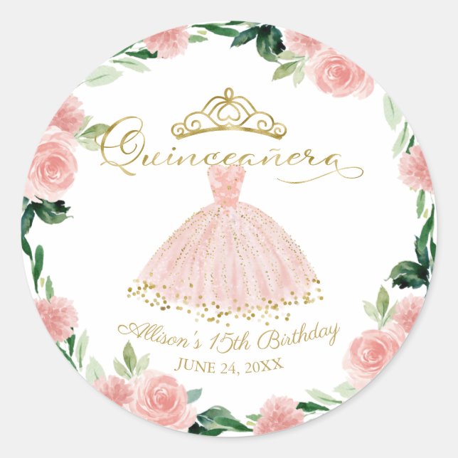Quinceanera Blush Gown Pink Floral Classic Round S Classic Round Sticker (Front)
