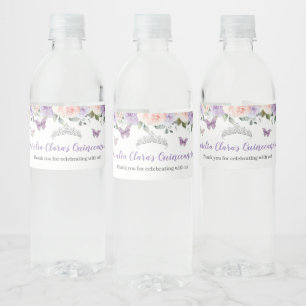 Quinceañera Blush Lilac Floral Silver Butterflies Water Bottle Label