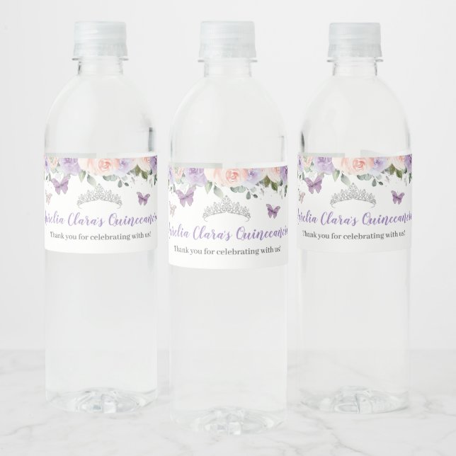 Quinceañera Blush Lilac Floral Silver Butterflies  Water Bottle Label (Bottles)