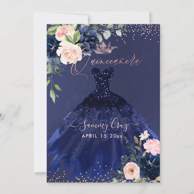 Quinceanera Blush Navy Blue Watercolor Flowers Inv Invitation (Front)