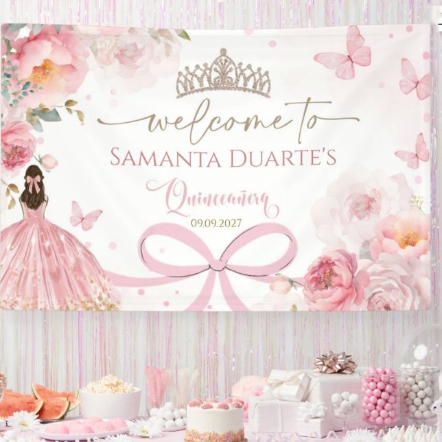 Quinceañera Blush Pink Bow Floral Butterfly Banner (Blush pink quinceañera banner with bow, floral accents, and butterflies for sweet 15 party décor.)