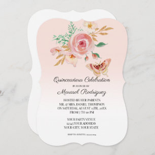 Quinceañera Blush Pink Butterfly w Flowers n Gold Invitation