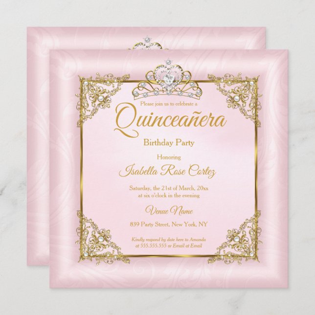 Quinceanera Blush Pink Damask photo Gold Tiara 2 Invitation (Front/Back)