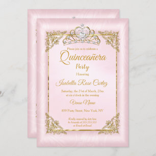 Quinceanera Blush Pink Damask photo Gold Tiara Invitation