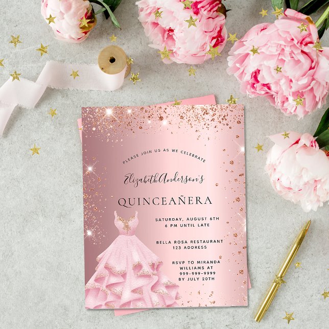 Quinceanera blush pink dress budget invitation flyer (Creator Uploaded)
